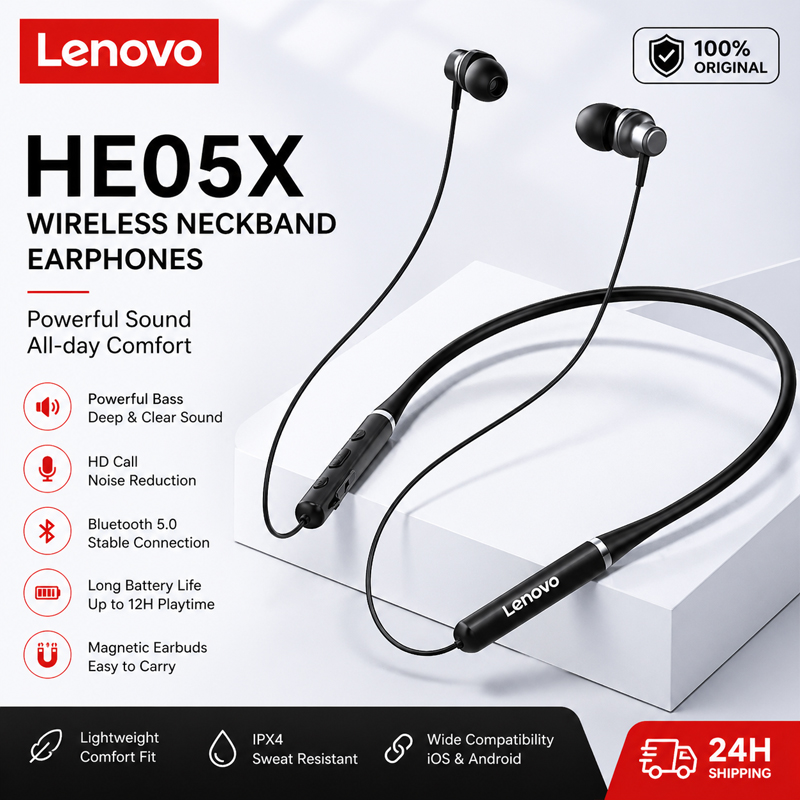 Magnetic Neckband Sports Earphones - 100% Asli Lenovo HE05X Earphone Bluetooth