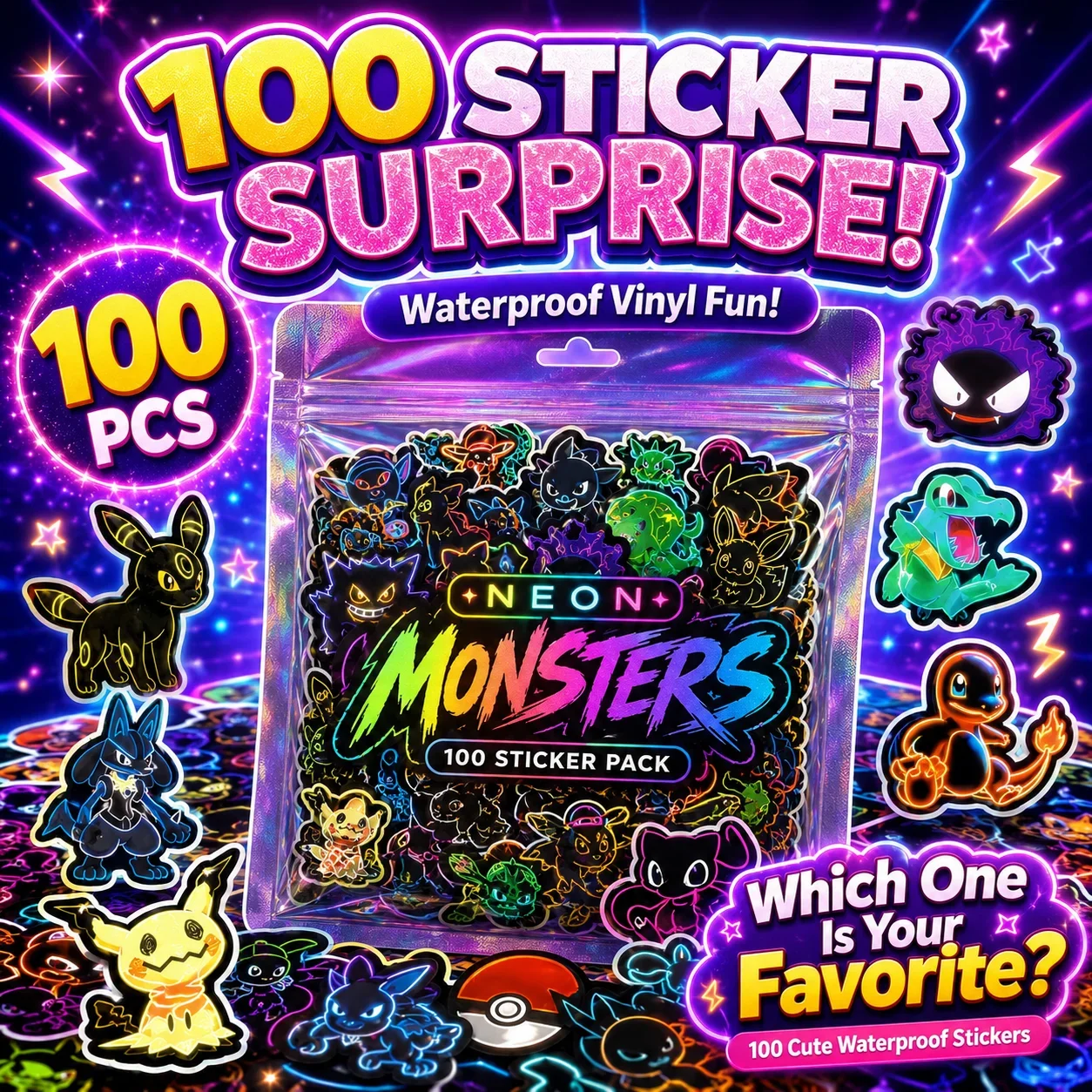 Laptops - 100 buah stiker Pokémon neon, tahan
